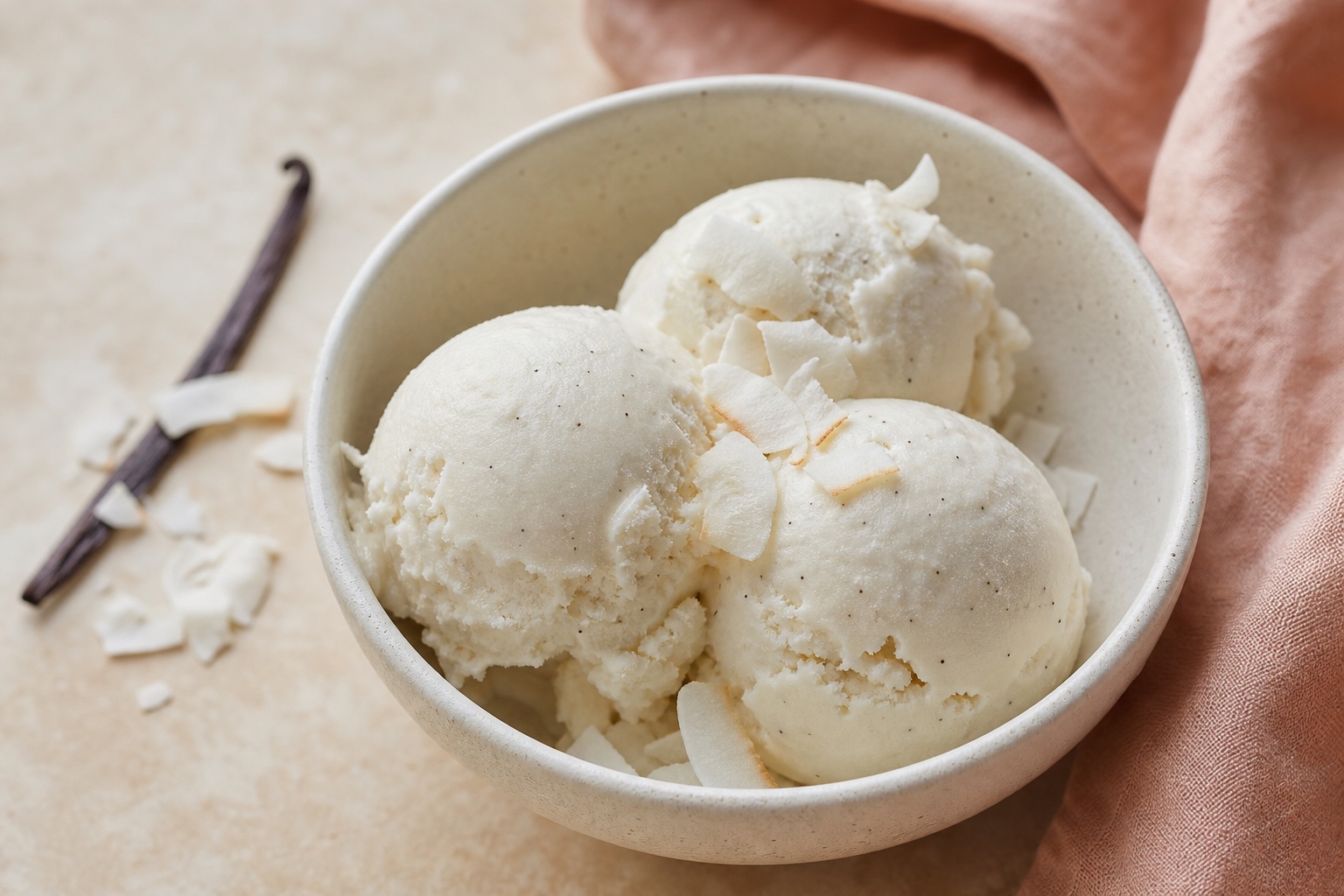Three scoops of creamy vanilla bean coconut yogurt ice cream in a ceramic bowl