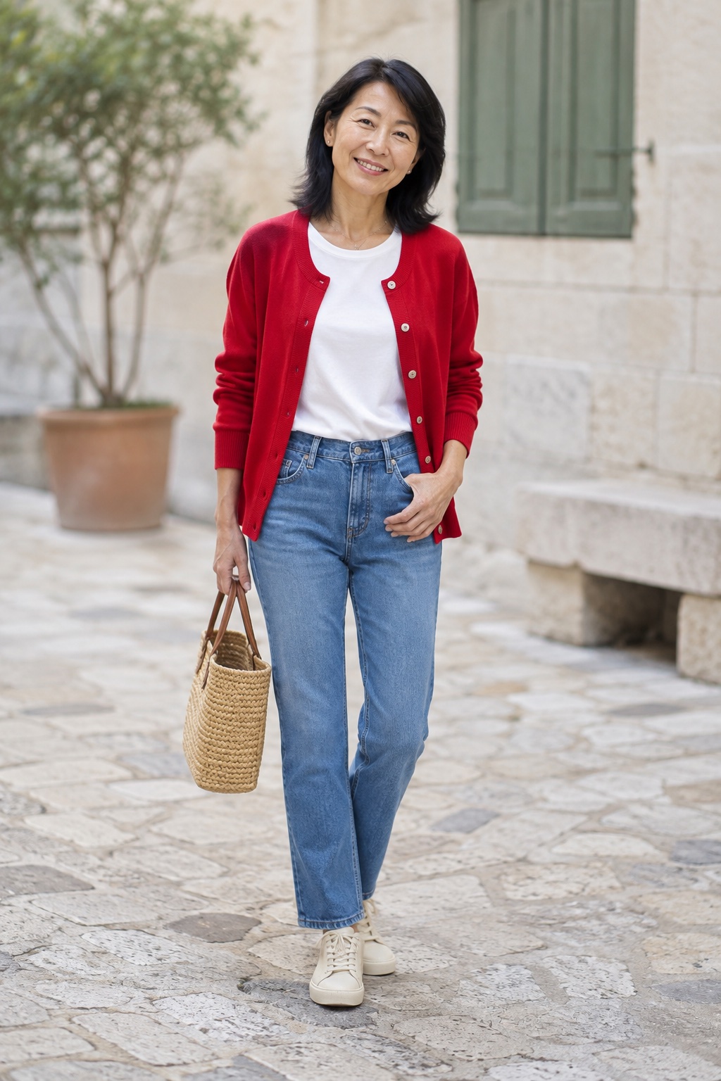 Woman in a red cardigan, white T-shirt, blue straight-leg jeans and cream sneakers