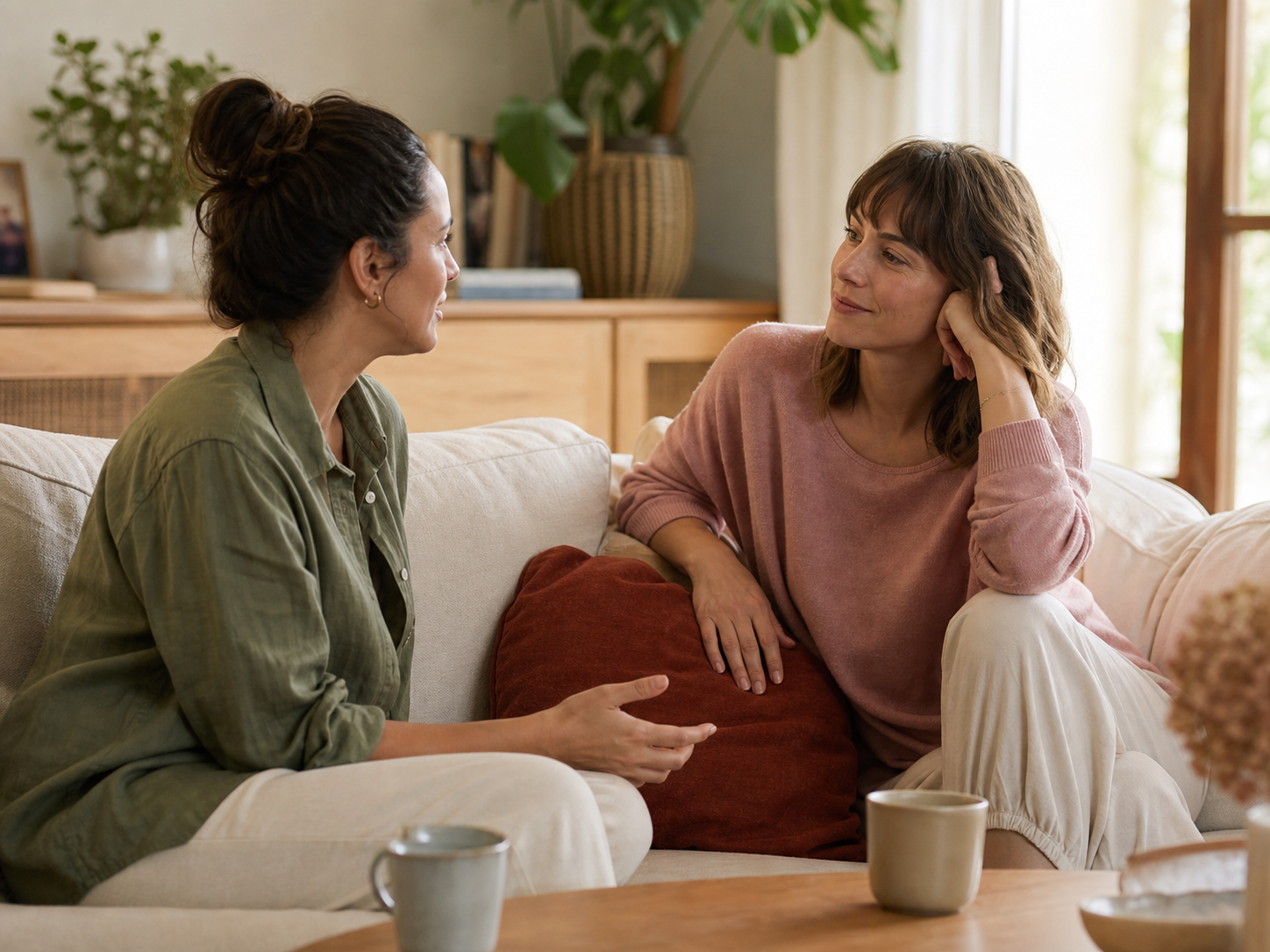Two friends having a warm, attentive conversation on a cream sofa in a sunlit living room