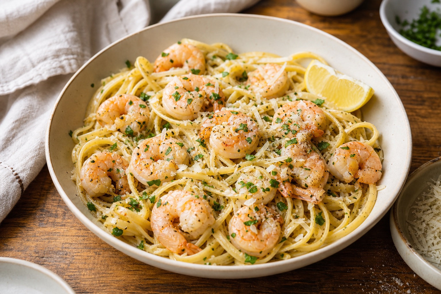 A bowl of garlic butter shrimp linguine with Parmesan, parsley, black pepper, and a lemon wedge