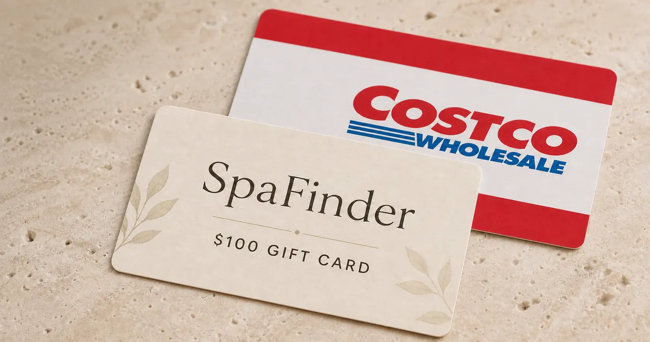 A $100 SpaFinder gift card displayed with a Costco Wholesale card on a warm stone surface