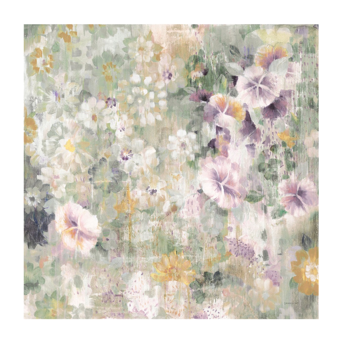 Sage Wisteria by Danhui Nai, a layered floral painting in sage green, cream, lavender, blush, and ochre