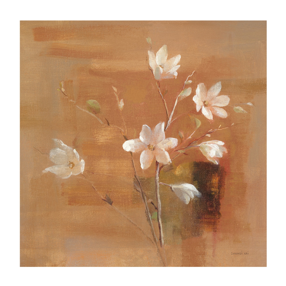 Danhui Nai's White Magnolia painting, with delicate white blossoms and thin branches against a layered ochre and terracotta background