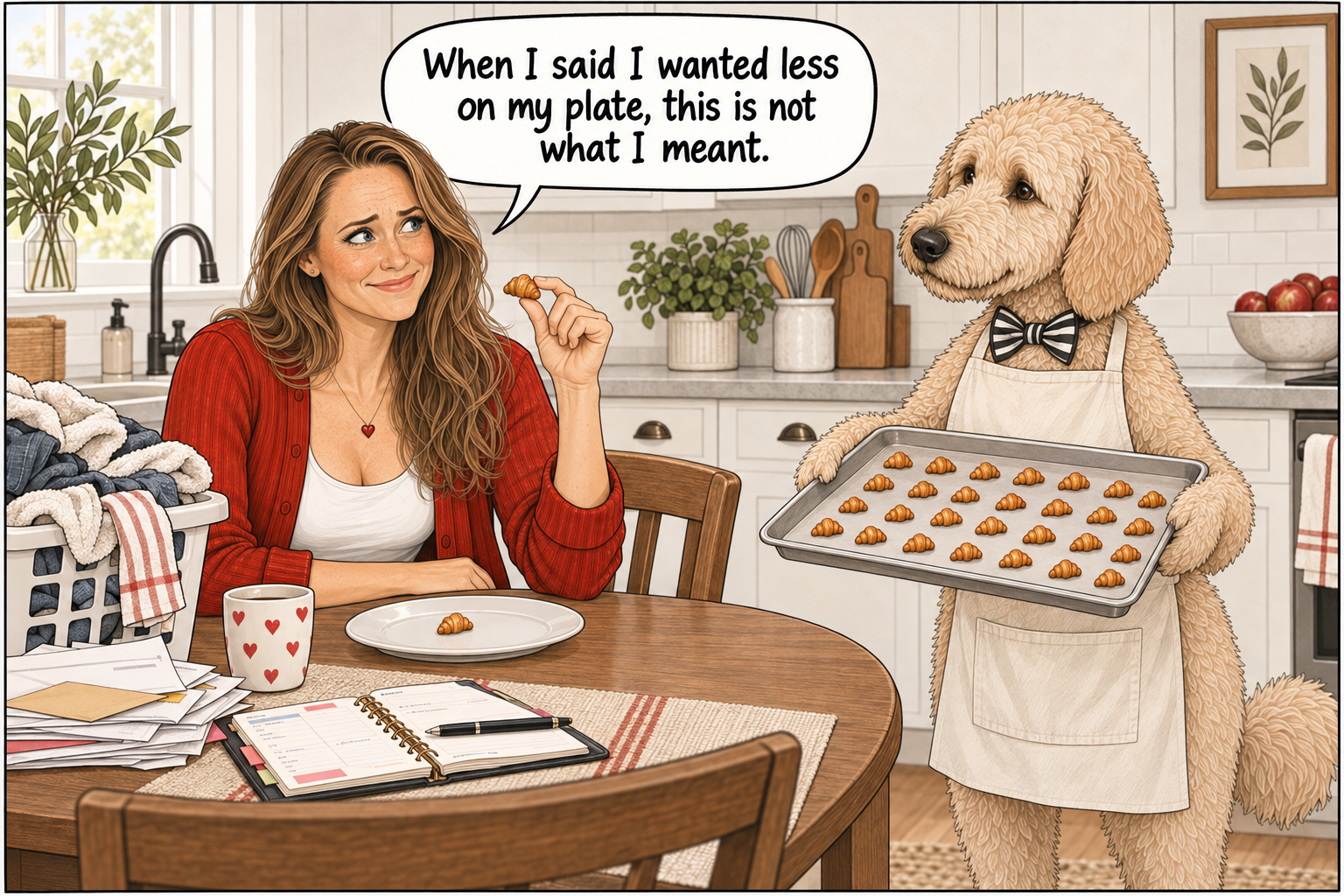 Otto wears an apron and presents a tray of tiny croissants to Katie beside her laundry, bills and planner. Katie says, “When I said I wanted less on my plate, this is not what I meant.”