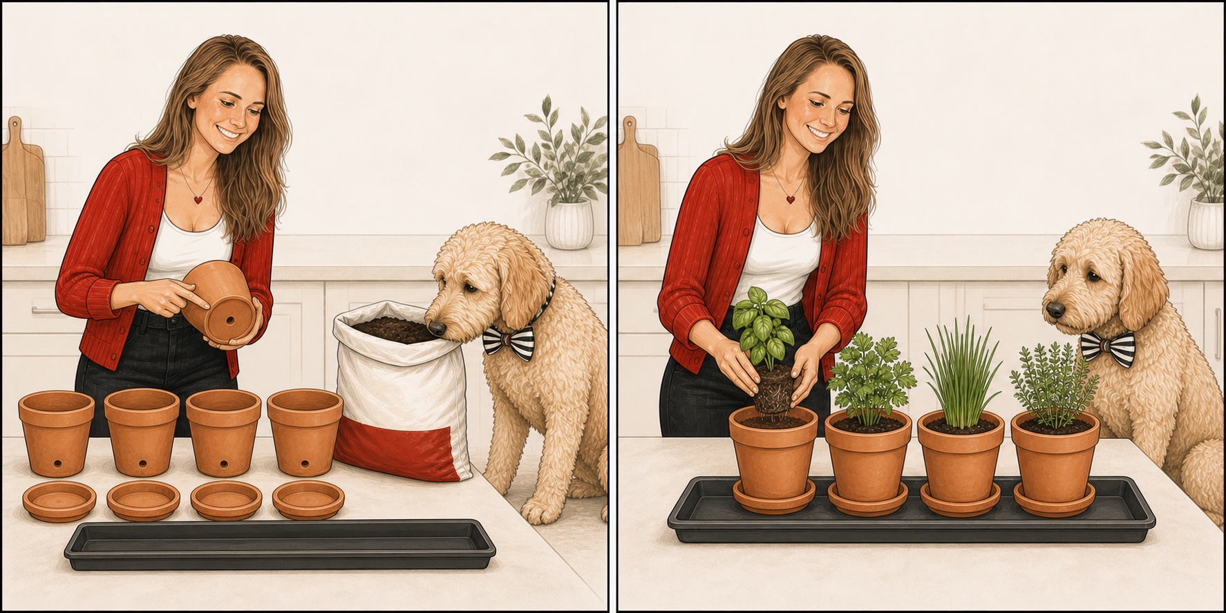 Two-panel cartoon of Katie and Otto preparing four terracotta pots, saucers, potting mix, and a tray, then planting one herb in each pot