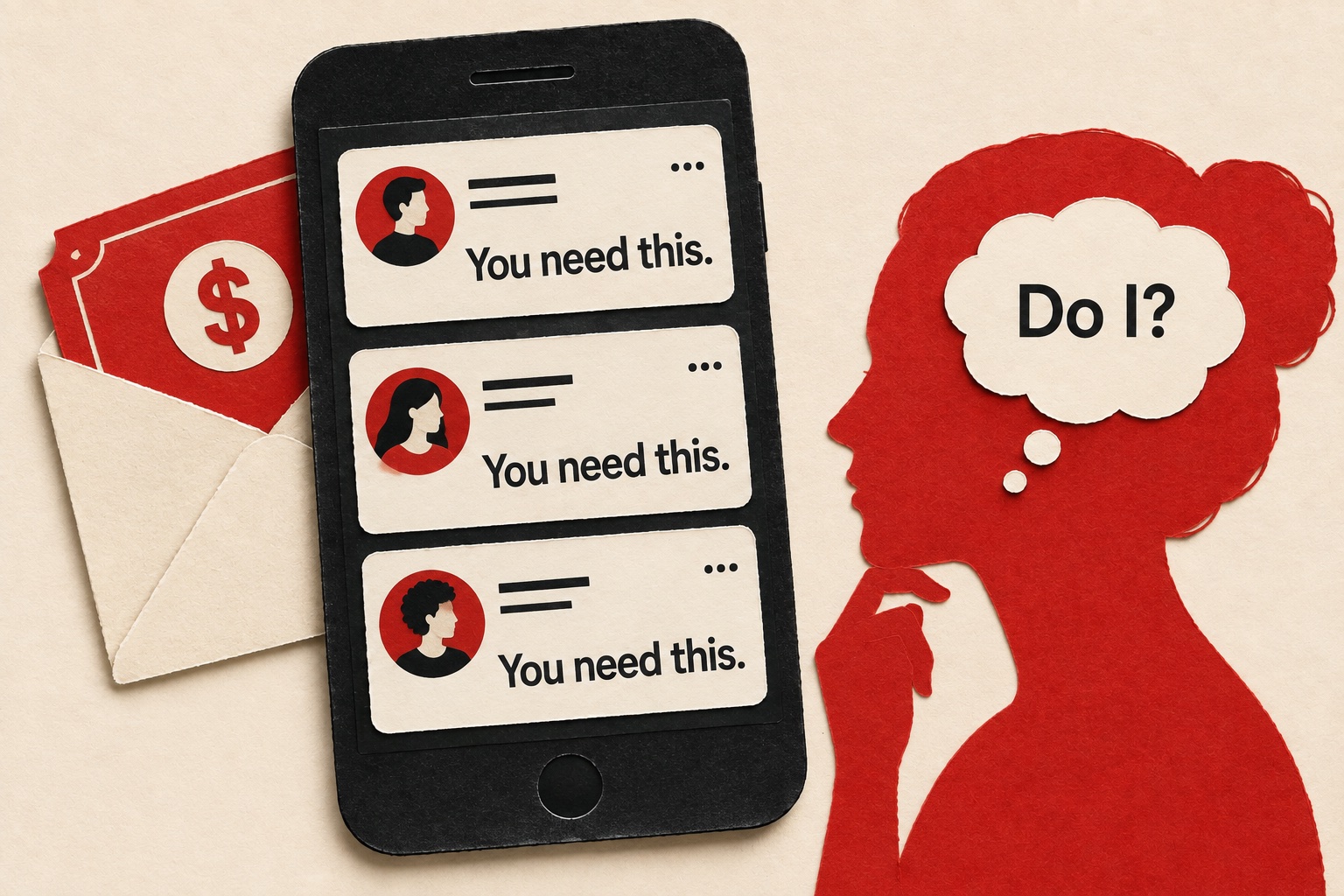 A payment envelope sits behind a phone repeating “You need this,” while a woman’s silhouette asks, “Do I?”