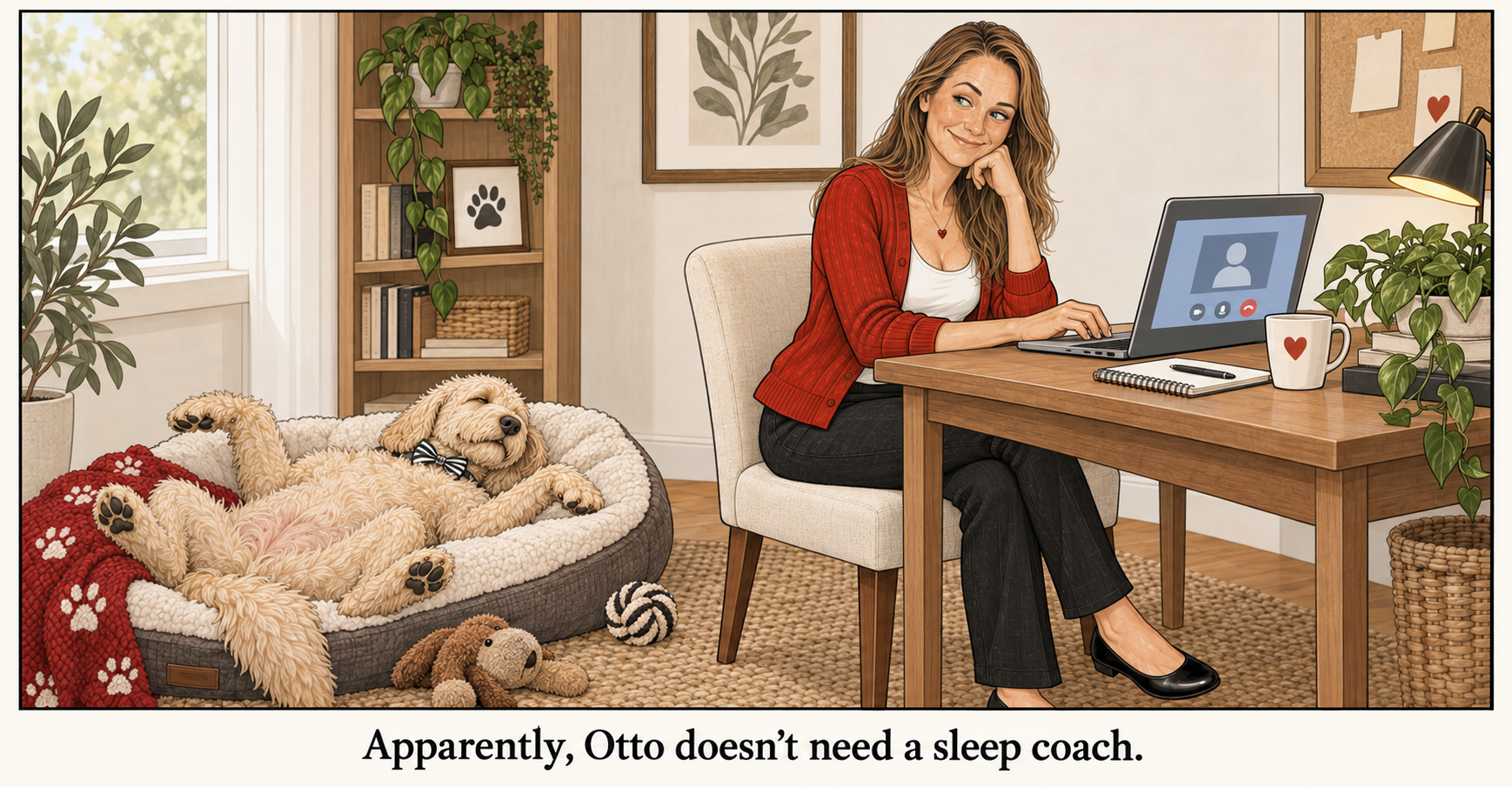 Katie books a sleep-coaching video appointment while Otto sleeps blissfully on his back beside her. Caption: Apparently, Otto doesn’t need a sleep coach.