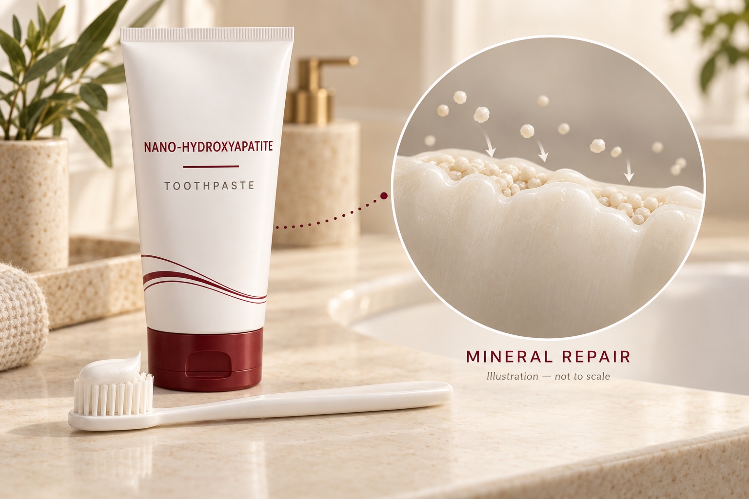 Conceptual nano-hydroxyapatite toothpaste beside an enlarged illustration of minerals settling into shallow irregularities in enamel.