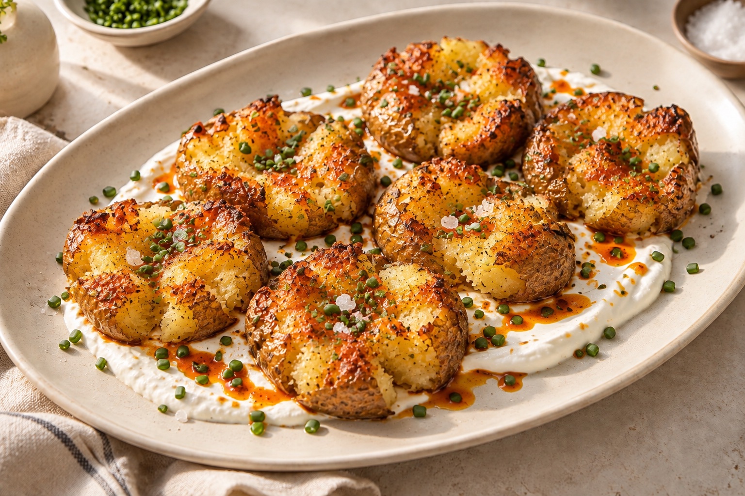 Golden smashed baby potatoes over creamy labneh with a red hot-sauce drizzle and chopped chives; AI-generated serving illustration