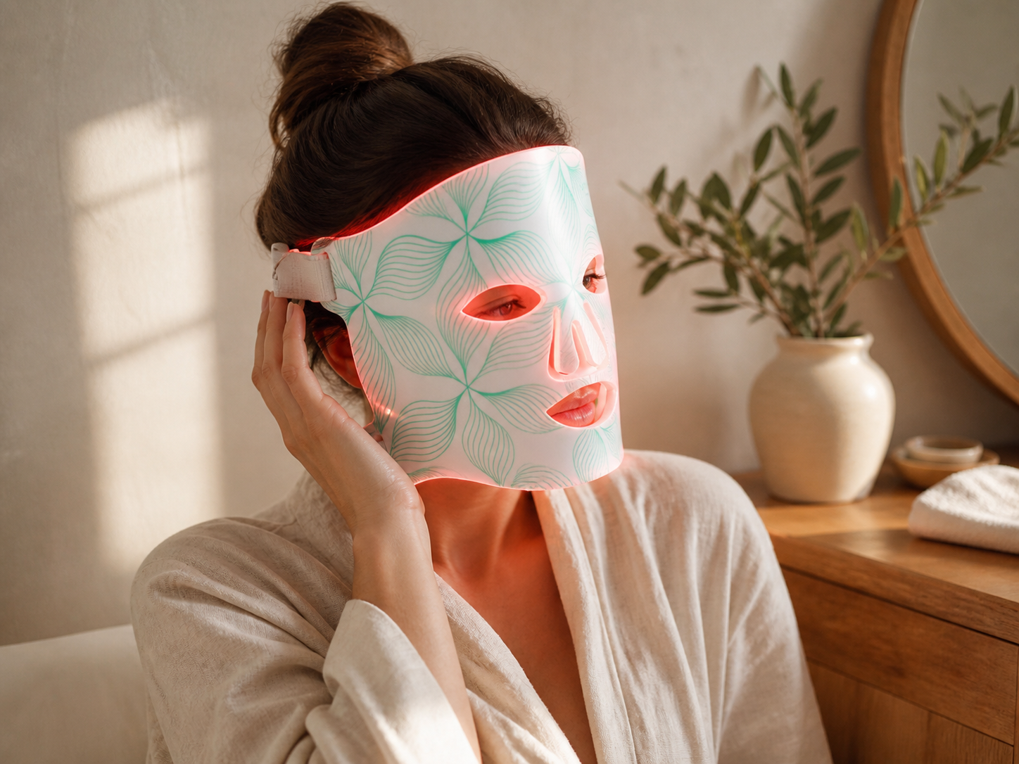 Woman wearing a softly glowing patterned LED face mask during a warm morning routine