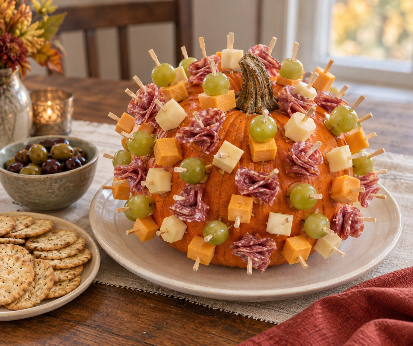 An orange pumpkin covered in cocktail picks holding cheddar, pale cheese, folded salami, and grapes, with crackers and olives alongside.