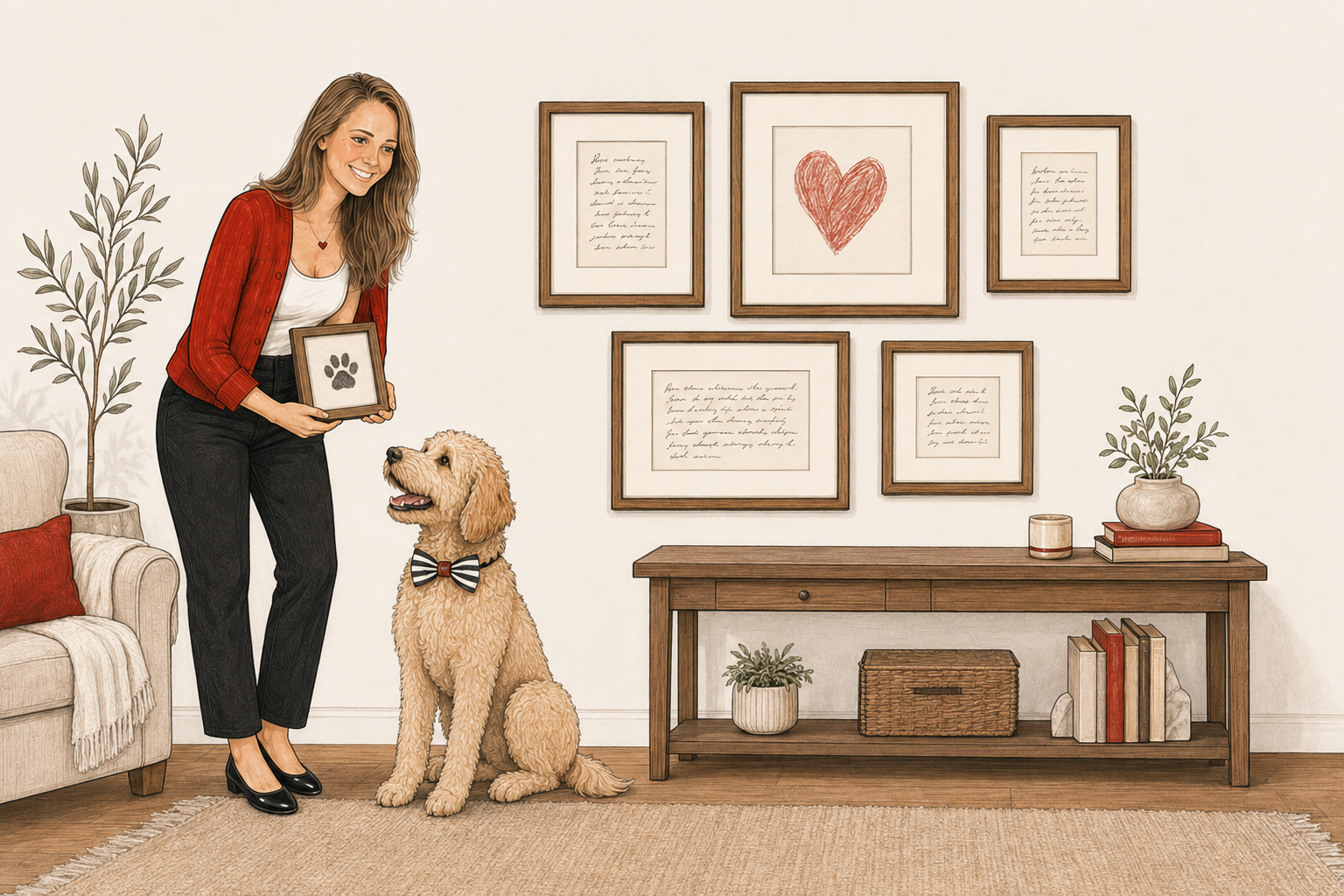 Katie holds a framed paw print beside Otto, her cream labradoodle, and a wall of framed handwritten notes and a heart drawing.