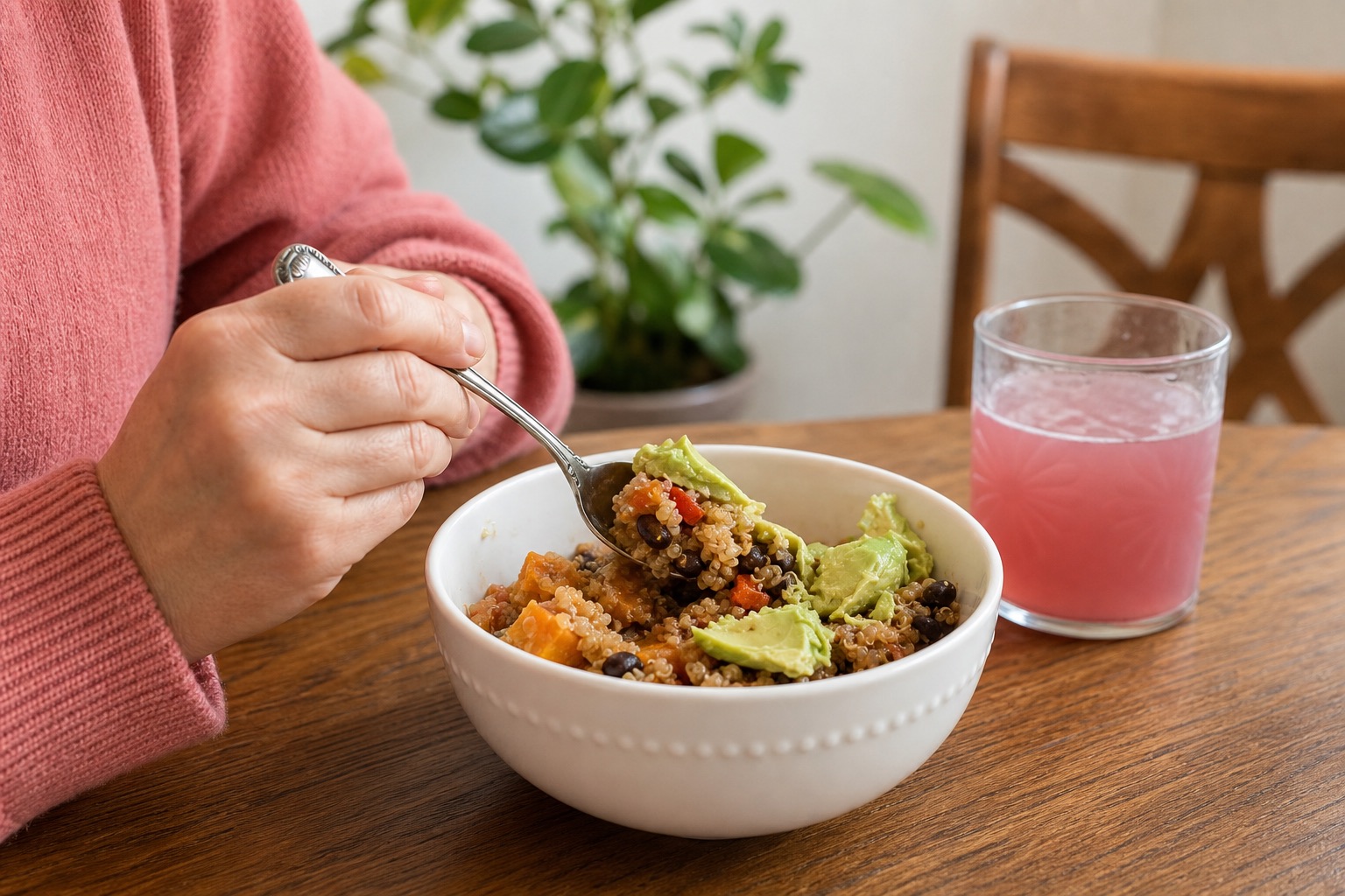 A person eating a bowl of black bean, sweet potato, and quinoa bake with avocado