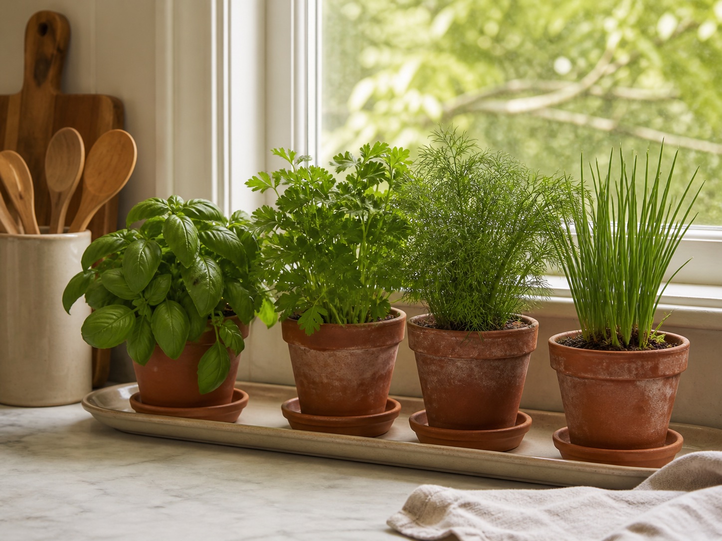 Basil, parsley, dill, and chives growing in individual weathered terracotta pots on a tray beside a sunny kitchen window