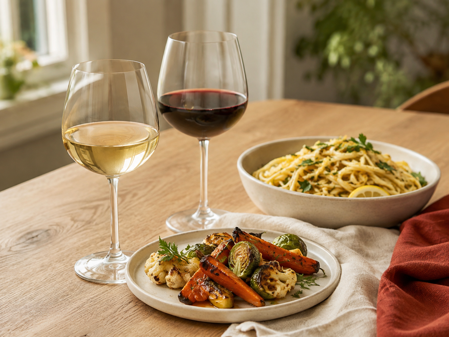 Red and white wine beside pasta and roasted vegetables on a sunlit dinner table.